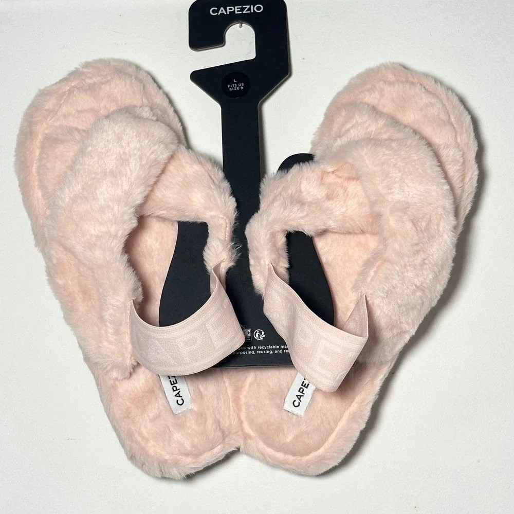 Capezio Pink Faux Fur Cross Strap Slippers with Logo Elastic Back Strap Size L 9